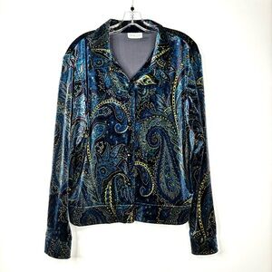 Coldwater Creek Blue & Gold Paisley Velvet Button Up Jacket / Blazer Top 2X